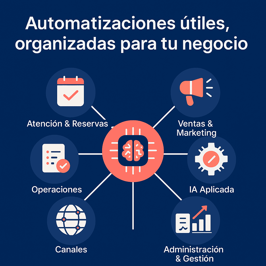 Automatizaciones útiles para pymes y hostelería: reservas, ventas, operaciones, IA y gestión. Segmentadas por categorías para encontrar lo que tu negocio necesita, con enlaces directos a AutomatizaLider.com.
