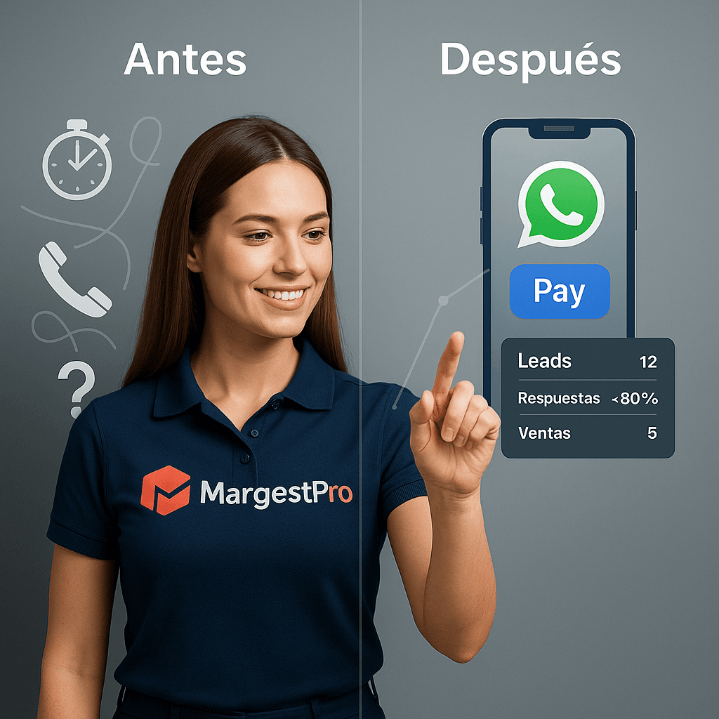 LaunchKit — Antes vs Después (chica comercial, panel táctil) Chica comercial de MargestPro tocando un panel táctil: antes con reloj, teléfono y duda; después con WhatsApp, botón Pay de Stripe y mini-dashboard con KPIs.