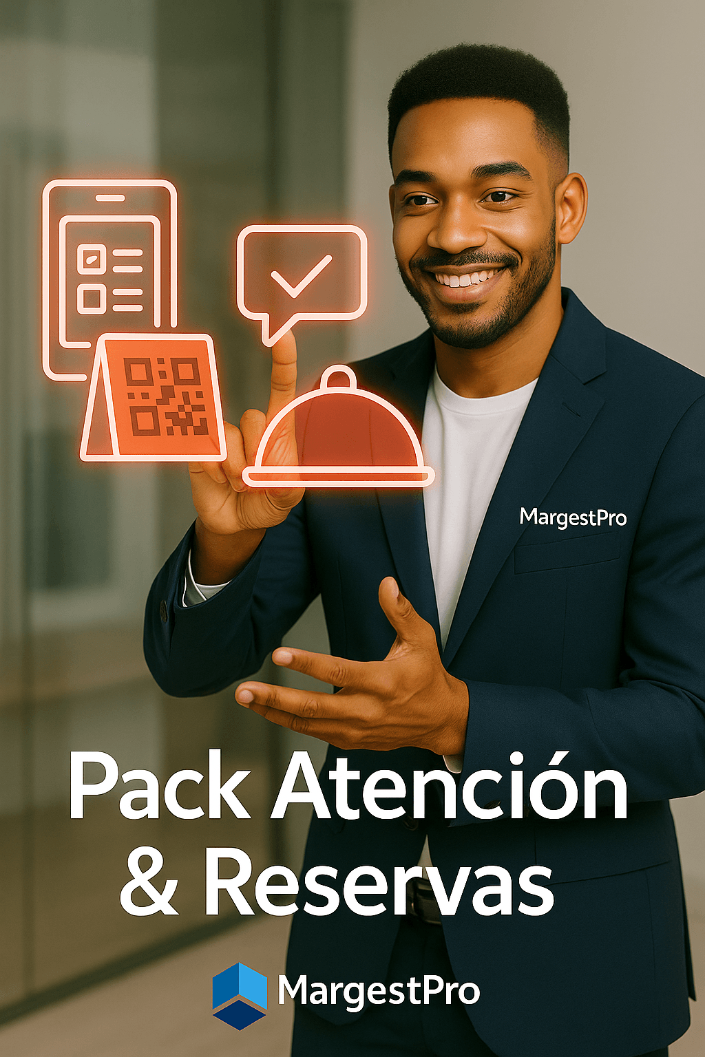 pack-atencion-reservas-margentpro Comercial MargestPro usando pantalla táctil transparente para presentar el Pack Atención y Reservas