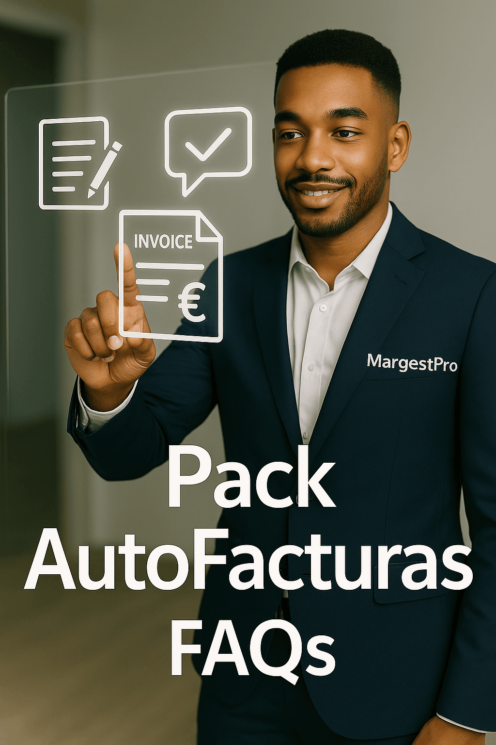 pack-autofacturas-margentpro Comercial MargestPro trabajando con pantalla táctil transparente presentando el Pack AutoFacturas