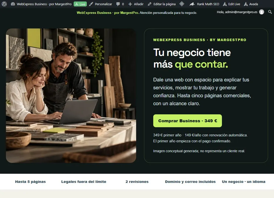 Captura de la landing publicada de WebExpress Business.