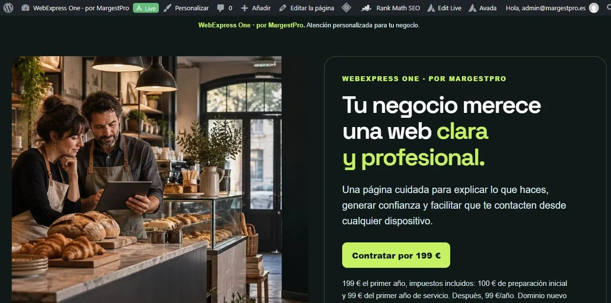 Captura de la portada vigente de WebExpress One, con contratación inicial de 199 € y renovación de 99 €/año.
